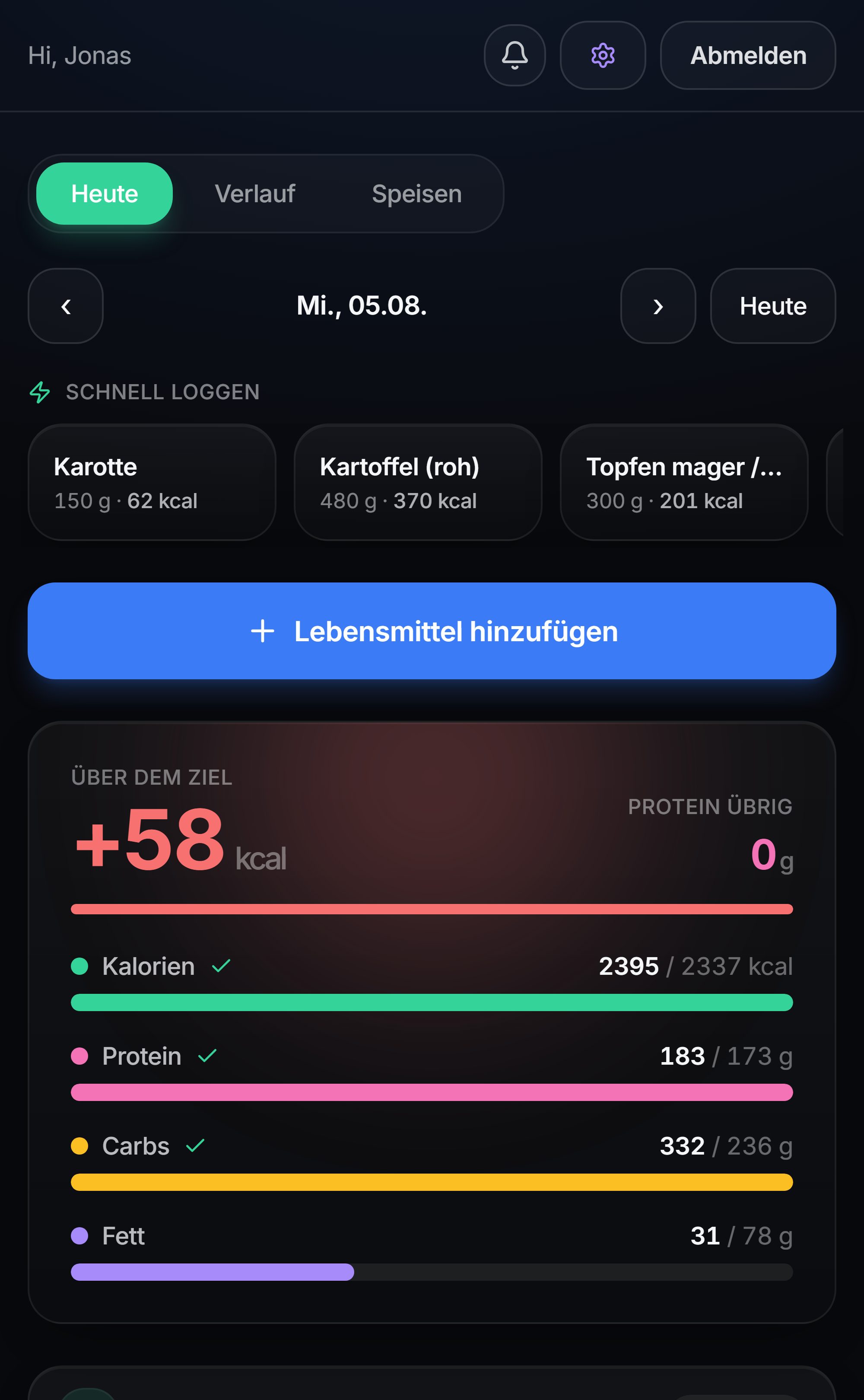 Screenshot des Essens-Logs in Barymetra: Barcode-Scanner, Suchfeld und die zuletzt geloggten Lebensmittel