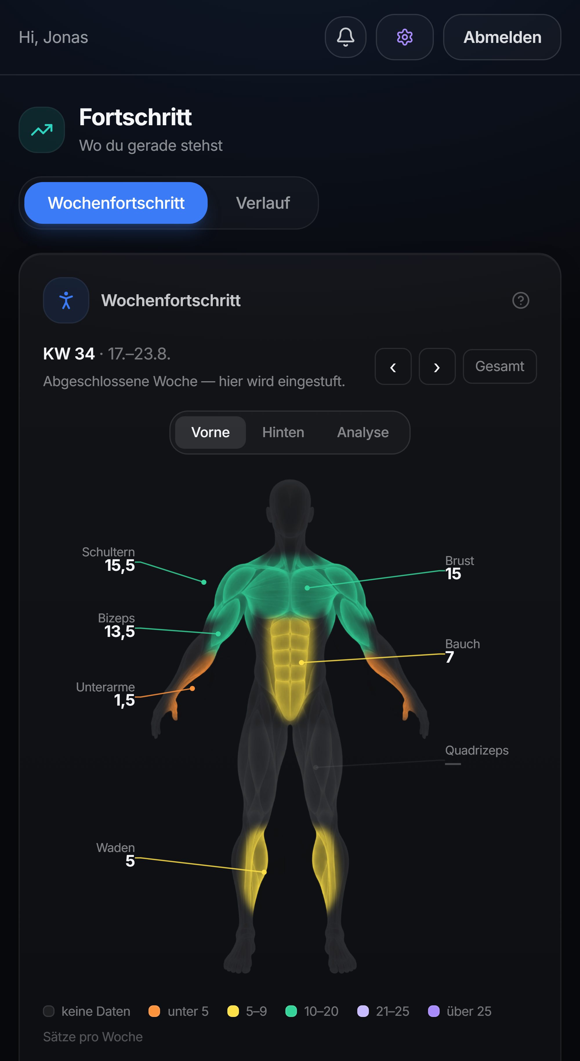 Screenshot der Körperübersicht in Barymetra: eine anatomische Figur, deren Muskeln nach geloggtem Satzvolumen eingefärbt sind, mit Satzzahlen an Leitlinien